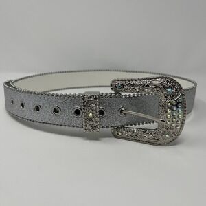 Silver Glitter Rhinestone Belt | Bling Western Cowboy Crystal Buckle - 40 Inches